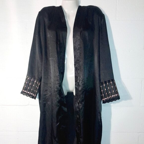 Delicates Women's Black Silky Wrap Robe Lightweight Intimates Rosebud Lace - Picture 2 of 10
